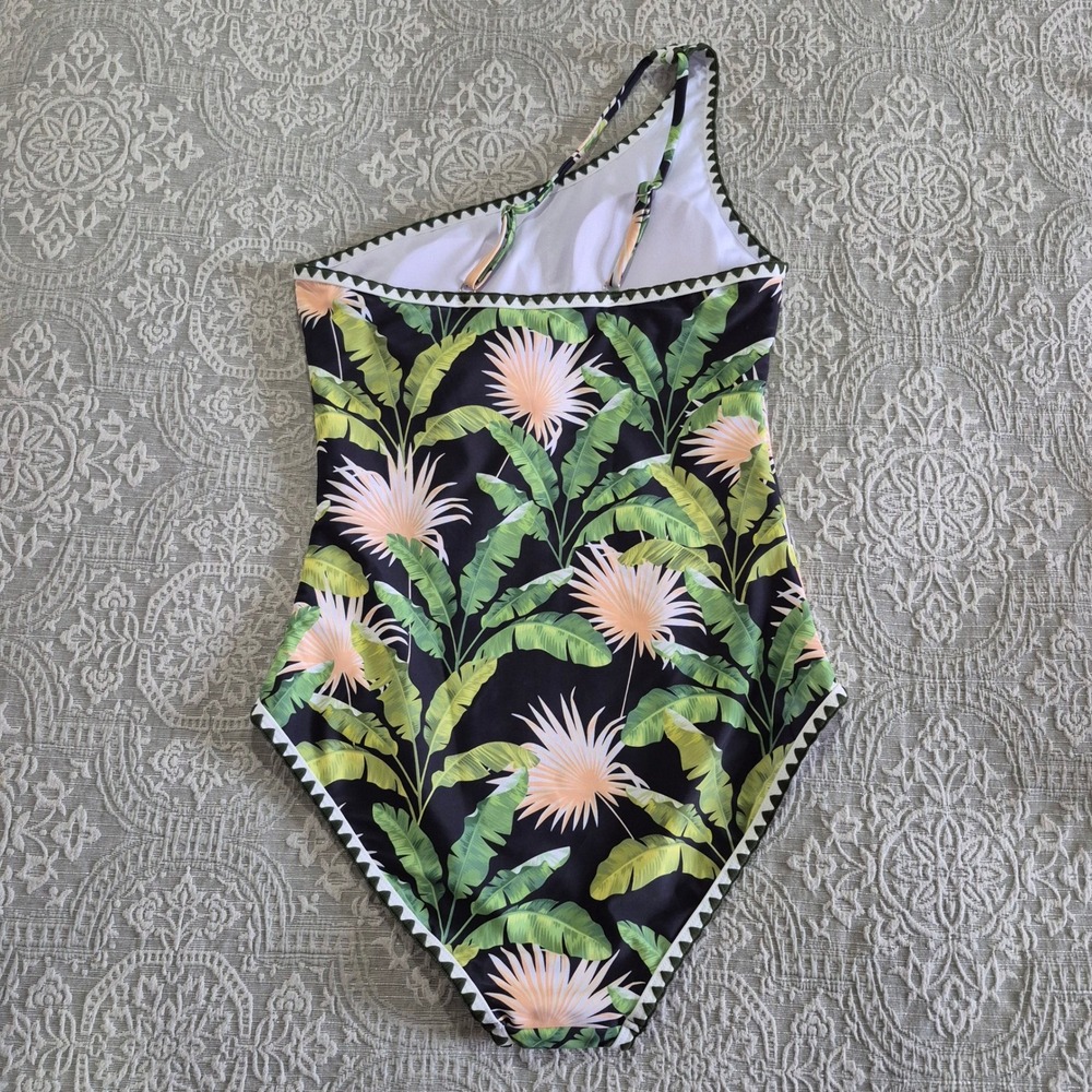 Tropical Palm Leaf One Shoulder One Piece Swimsuit Green Black Scalloped Size M - Picture 6 of 8